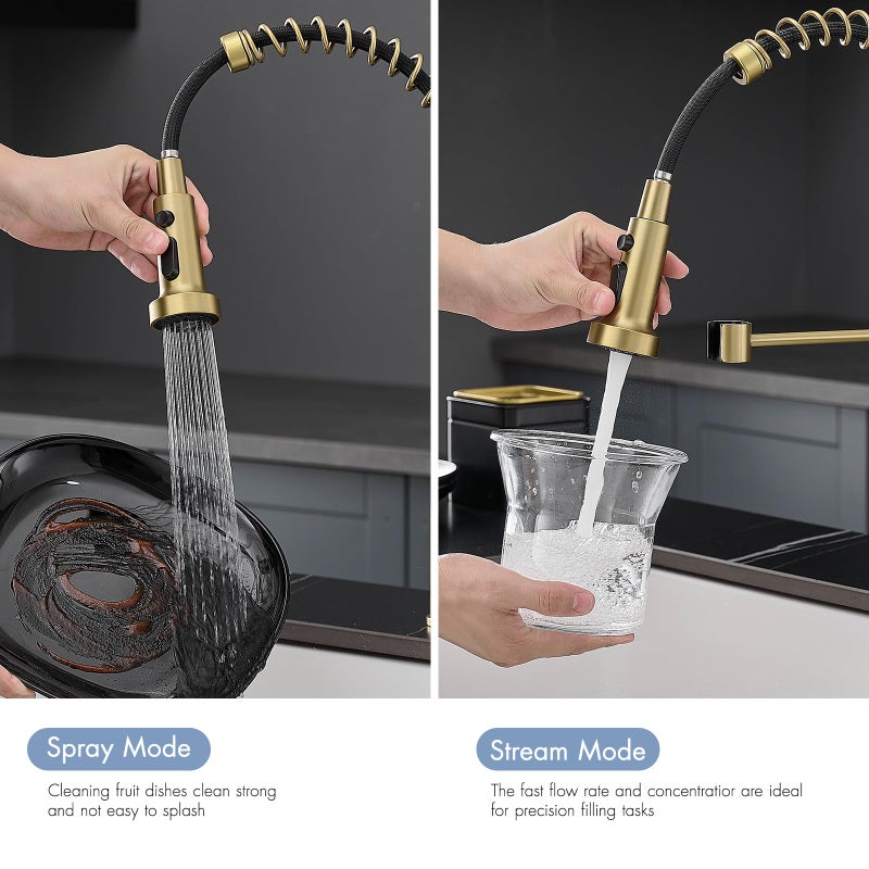 AIMADI Gold Kitchen Faucet with Pull Down Sprayer,Commercial Single Handle Brushed Gold Kitchen Sink Faucet with Deck Plate - Image 2